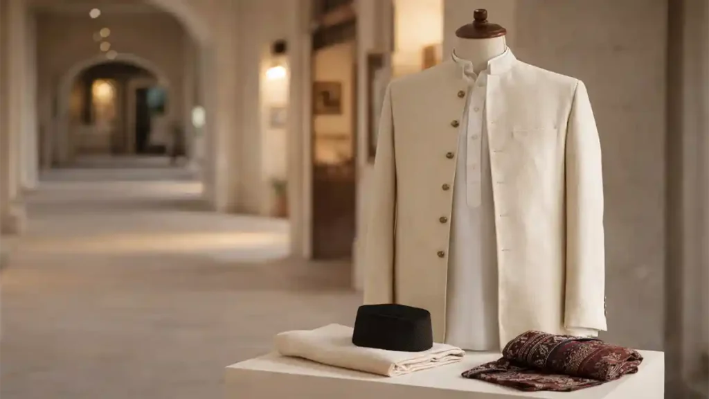 Pakistan national dress display featuring shalwar kameez with sherwani and Jinnah cap in a heritage corridor