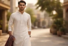 Man wearing Pakistan national dress shalwar kameez with ajrak shawl on a Pakistani street