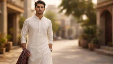 Man wearing Pakistan national dress shalwar kameez with ajrak shawl on a Pakistani street