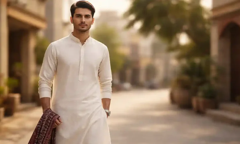 Man wearing Pakistan national dress shalwar kameez with ajrak shawl on a Pakistani street