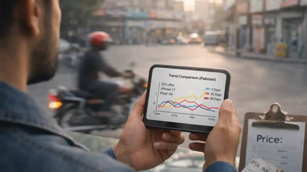 Person in Pakistan viewing a phone trend comparison screen for S26 Ultra, iPhone 17 and Pixel 10a with 7, 30 and 90 day interest