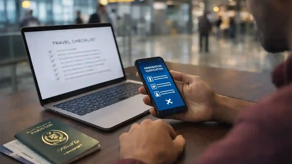 Traveler at an airport table holding a phone with an immigration verification screen beside a laptop checklist and a Pakistani passport