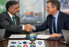 Pakistani and American officials shaking hands, symbolizing growing cooperation in trade, energy, climate, tech, and education