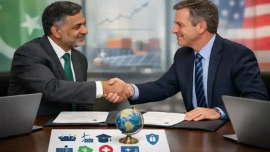 Pakistani and American officials shaking hands, symbolizing growing cooperation in trade, energy, climate, tech, and education
