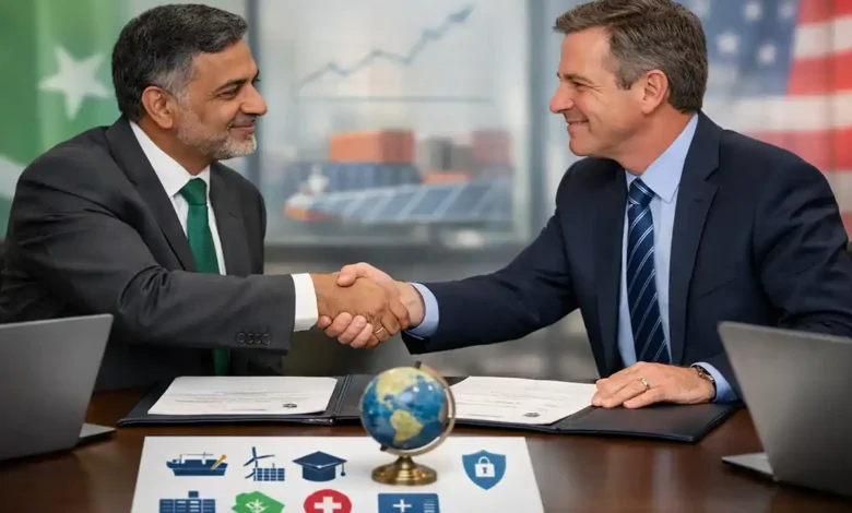 Pakistani and American officials shaking hands, symbolizing growing cooperation in trade, energy, climate, tech, and education