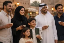 Pakistani family and friends enjoying Saudi Founding Day in a Diriyah style heritage setting in Riyadh with Arabic coffee and dates