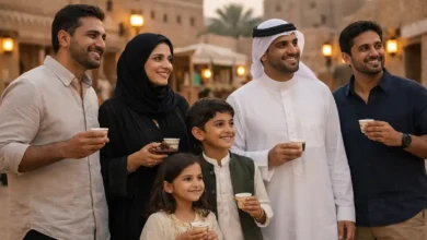 Pakistani family and friends enjoying Saudi Founding Day in a Diriyah style heritage setting in Riyadh with Arabic coffee and dates
