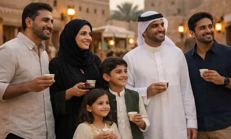 Pakistani family and friends enjoying Saudi Founding Day in a Diriyah style heritage setting in Riyadh with Arabic coffee and dates