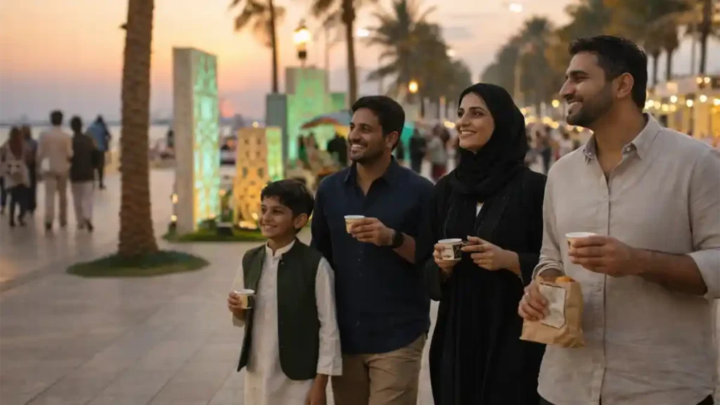 Pakistani family walking at Jeddah Corniche during Saudi Founding Day celebrations with soft green light installations and takeaway coffee