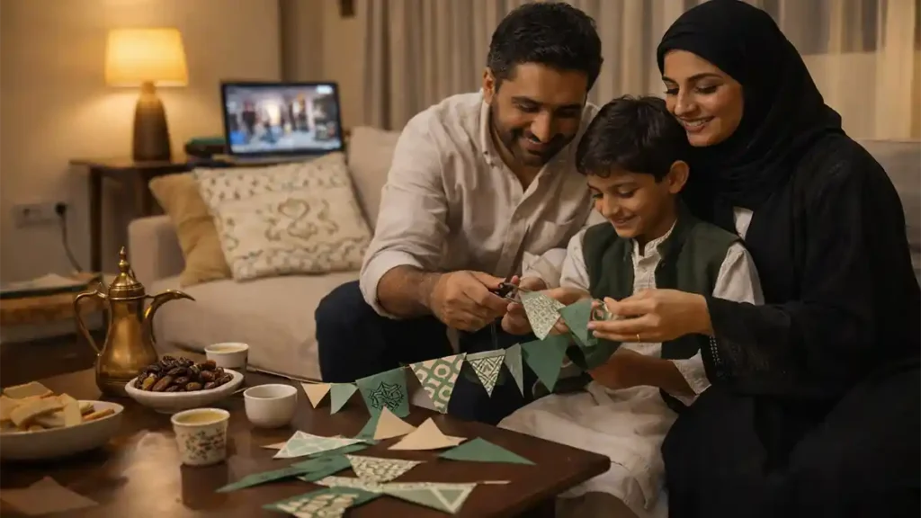 Pakistani parents and child in Saudi Arabia making simple Founding Day decorations at home with Arabic coffee and dates on the tablePakistani parents and child in Saudi Arabia making simple Founding Day decorations at home with Arabic coffee and dates on the table