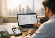 Pakistani job seeker applying online for a job in Dubai from Pakistan in 2026, with CV documents and passport on the desk