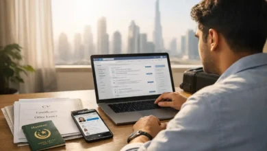 Pakistani job seeker applying online for a job in Dubai from Pakistan in 2026, with CV documents and passport on the desk