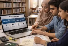 Pakistani university students studying in a library while comparing Gemini, DeepSeek, Claude and Grok on a laptop for writing, coding and research