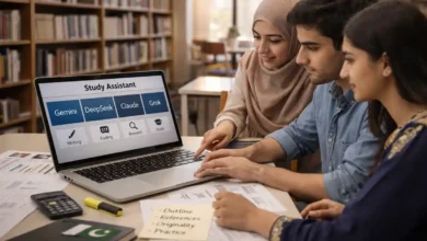 Pakistani university students studying in a library while comparing Gemini, DeepSeek, Claude and Grok on a laptop for writing, coding and research