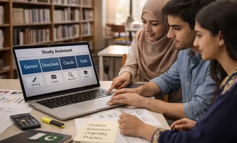 Pakistani university students studying in a library while comparing Gemini, DeepSeek, Claude and Grok on a laptop for writing, coding and research