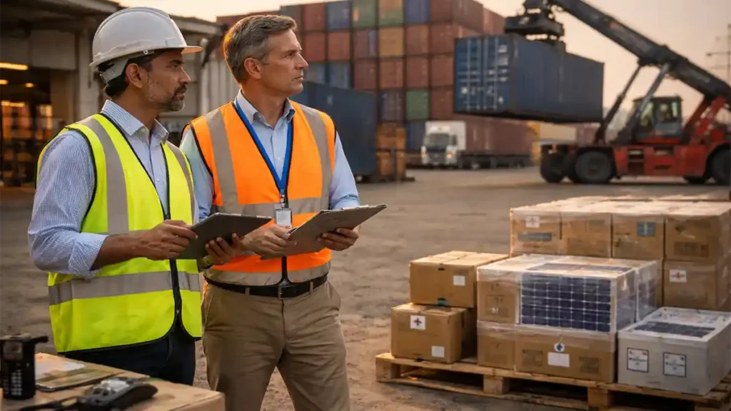 Pakistani logistics manager and American supply-chain specialist review cargo operations at a container yard with shipping containers and equipment