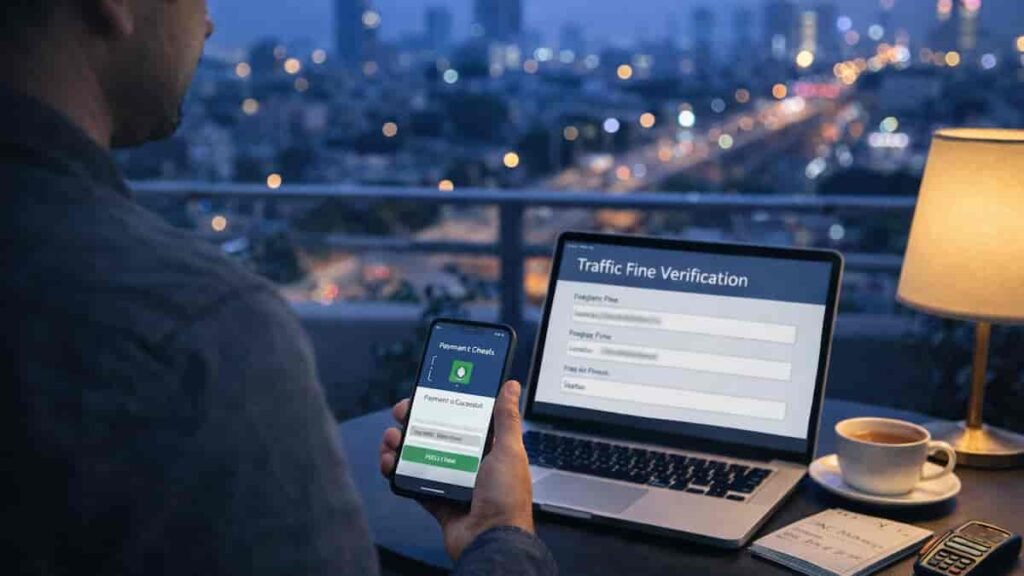 Person in Karachi confirming e-challan payment on a smartphone beside a laptop during an evening rooftop scene.