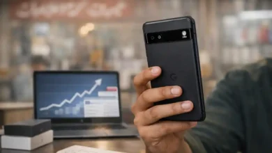 Pakistani buyer comparing a Pixel style smartphone in a mobile market with a rising search trend graph on a laptop, representing Pixel 10a hype in Pakistan