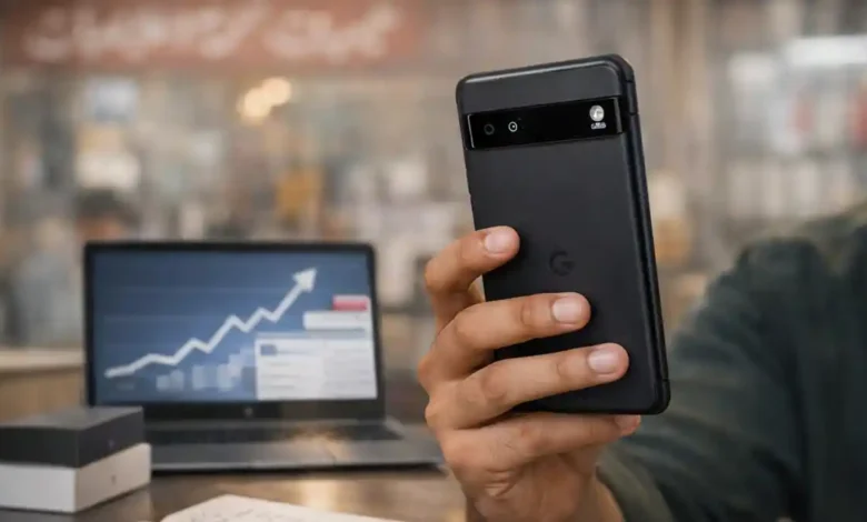 Pakistani buyer comparing a Pixel style smartphone in a mobile market with a rising search trend graph on a laptop, representing Pixel 10a hype in Pakistan