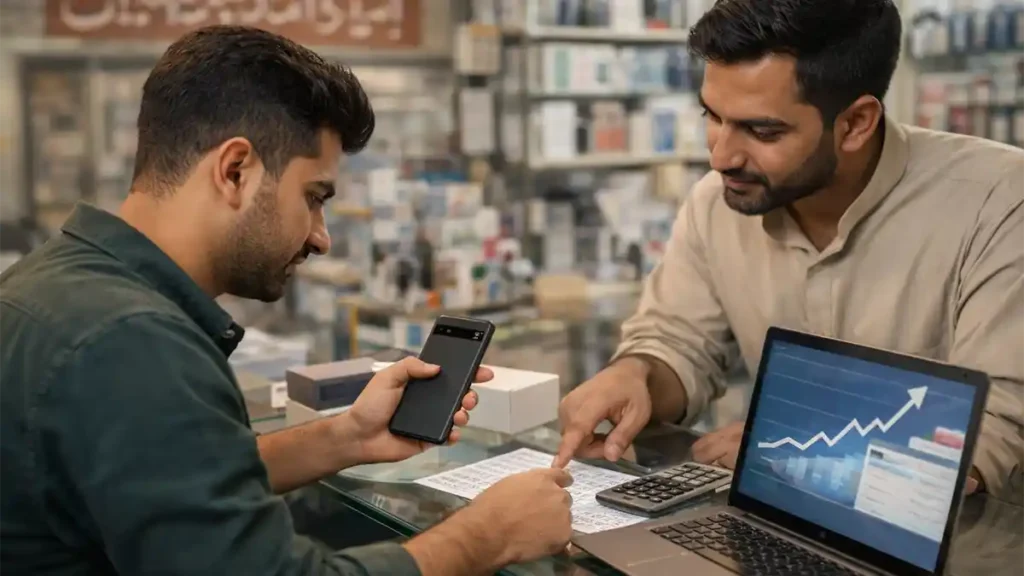 Pakistani customer and shopkeeper discussing a Pixel-style smartphone price in a mobile shop, with a calculator and rising trend graph on a laptop
