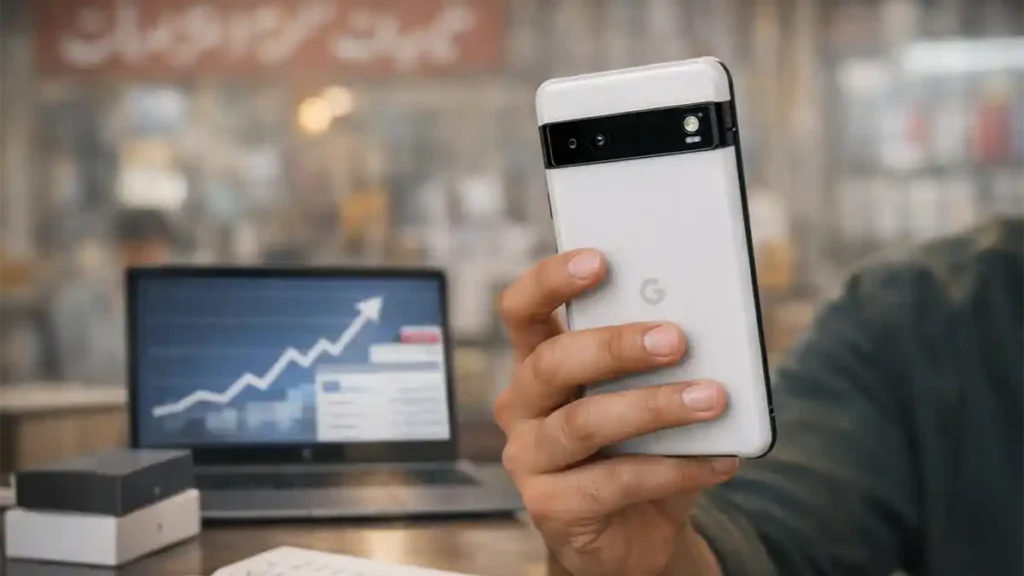 Pakistani user comparing a Pixel-style smartphone with price listings and a rising trend graph on a laptop at a home desk