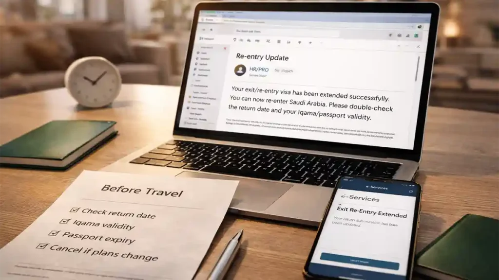 Laptop email and smartphone notification confirming Saudi exit re-entry visa extension with a before travel checklist on a table.