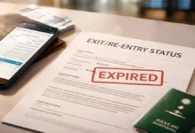 Expired Saudi exit re-entry visa status document and smartphone at an airport check-in desk.