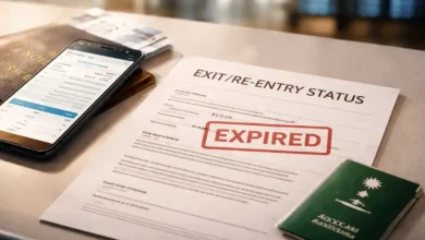 Expired Saudi exit re-entry visa status document and smartphone at an airport check-in desk.