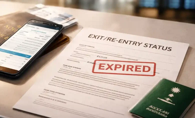 Expired Saudi exit re-entry visa status document and smartphone at an airport check-in desk.