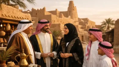 Saudi family in traditional attire celebrating Saudi Founding Day in Diriyah, with At-Turaif style mud-brick architecture at golden hour.