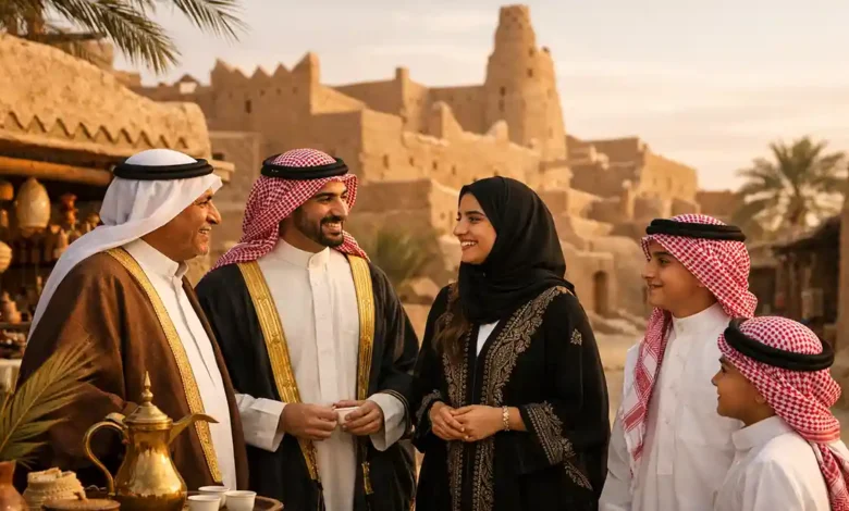 Saudi family in traditional attire celebrating Saudi Founding Day in Diriyah, with At-Turaif style mud-brick architecture at golden hour.