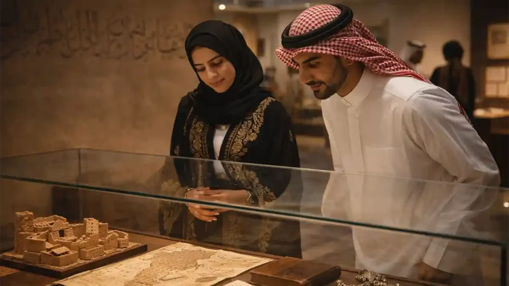 Saudi visitors viewing Diriyah founding-era artifacts in a heritage museum exhibition for Saudi Founding Day, including a map, manuscripts, and a Diriyah model.