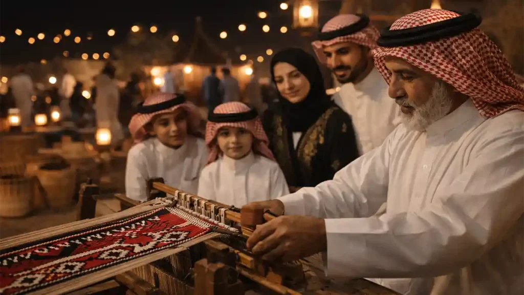 Saudi artisan demonstrating Sadu weaving at a night heritage festival for Saudi Founding Day, with families watching under warm lantern lights.