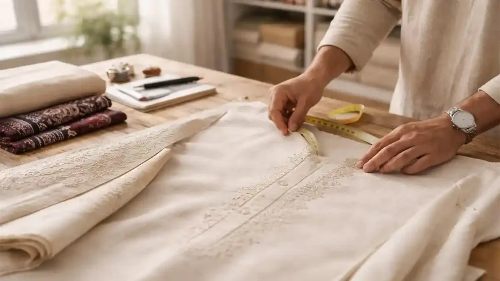 Tailor measuring embroidered shalwar kameez fabric for Pakistan national dress in a bright studio
