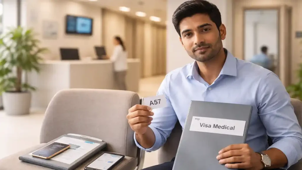 Applicant waiting at a UAE medical fitness center holding a visa medical folder and queue ticket during the work visa process