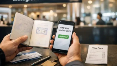 Traveler holding a passport and phone showing “UAE Visa Update 2026” approved at an immigration counter, with a visa fees receipt on the desk.