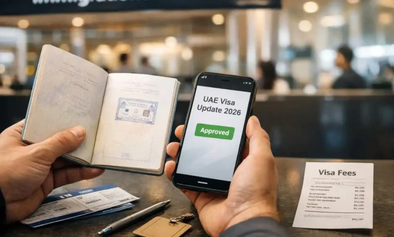 Traveler holding a passport and phone showing “UAE Visa Update 2026” approved at an immigration counter, with a visa fees receipt on the desk.