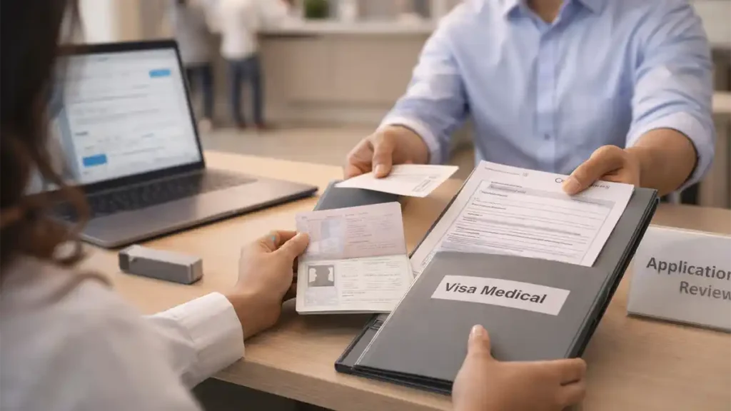 Applicant submitting passport and visa documents at a UAE typing center counter during the work visa and residence visa process