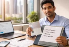 Professional holding passport and UAE work visa process folder showing work permit, entry permit, medical test, and Emirates ID steps