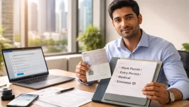 Professional holding passport and UAE work visa process folder showing work permit, entry permit, medical test, and Emirates ID steps