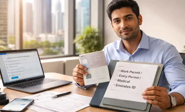 Professional holding passport and UAE work visa process folder showing work permit, entry permit, medical test, and Emirates ID steps
