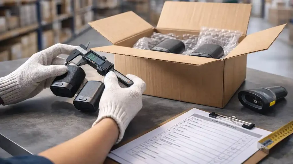 Gloved hands measuring a product with a digital caliper beside an open carton, QC checklist, and barcode scanner in a warehouse inspection area.