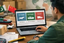 Pakistani importer comparing air freight, sea freight and courier options for shipping from China to Pakistan on a laptop