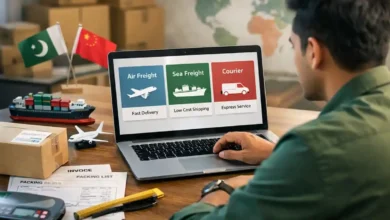 Pakistani importer comparing air freight, sea freight and courier options for shipping from China to Pakistan on a laptop