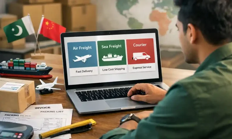 Pakistani importer comparing air freight, sea freight and courier options for shipping from China to Pakistan on a laptop