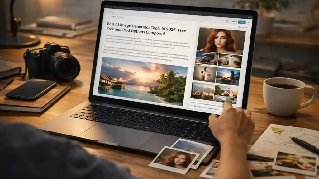 Content creator selecting AI-generated images on a laptop at a modern desk with camera, phone, notes, and coffee cup