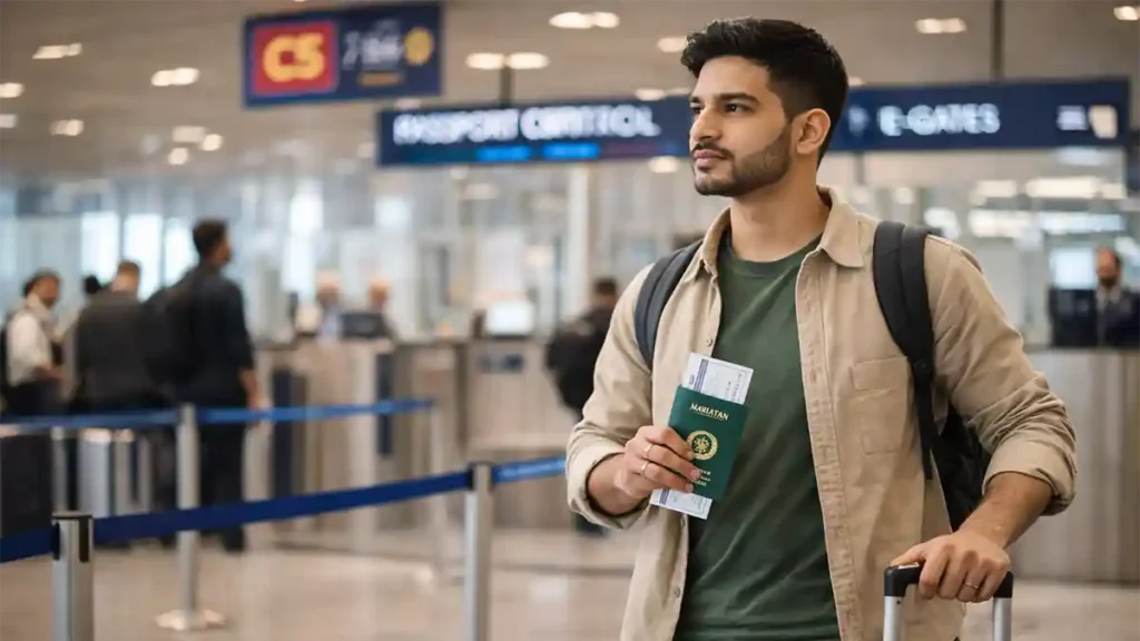 Young Pakistani traveler holding passport and boarding pass at airport immigration area before an international trip