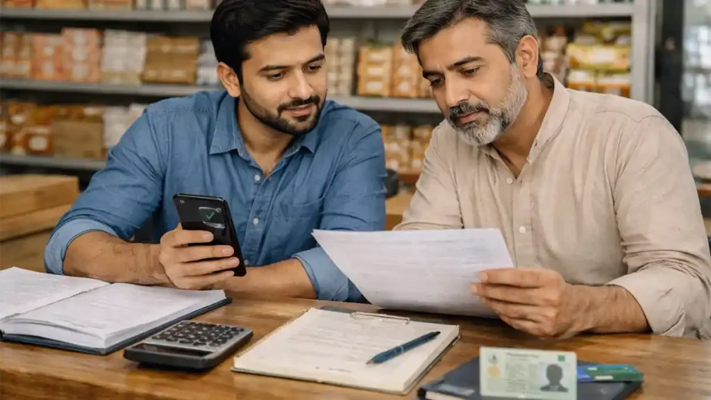 Two small business owners in Punjab reviewing documents and a smartphone during the Asaan Karobar Card 2026 application process