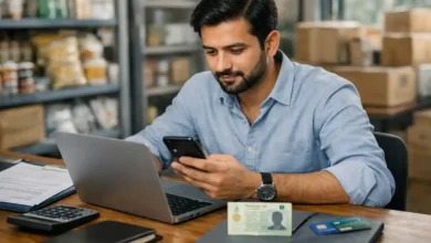 Small business owner in Punjab using a laptop and smartphone to apply online for Asaan Karobar Card 2026