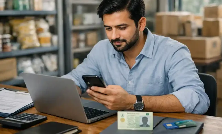 Small business owner in Punjab using a laptop and smartphone to apply online for Asaan Karobar Card 2026